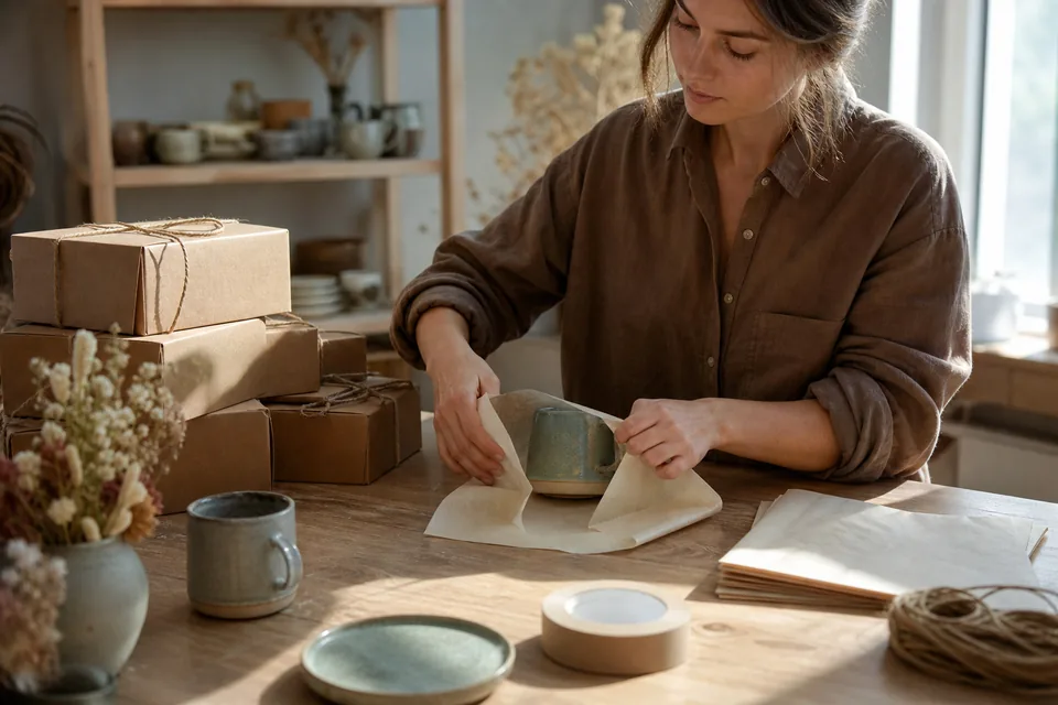 Maker's hands wrapping a handmade mug for shipping at a sunlit packing table