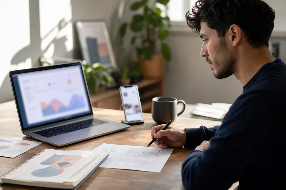 Designer at a desk with a laptop sales chart, a phone and a notebook of template sketches
