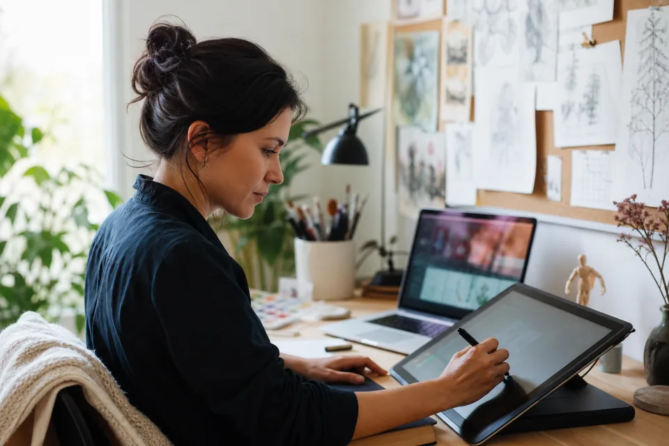 Illustrator drawing on a pen tablet at a home studio desk with sketches pinned behind her