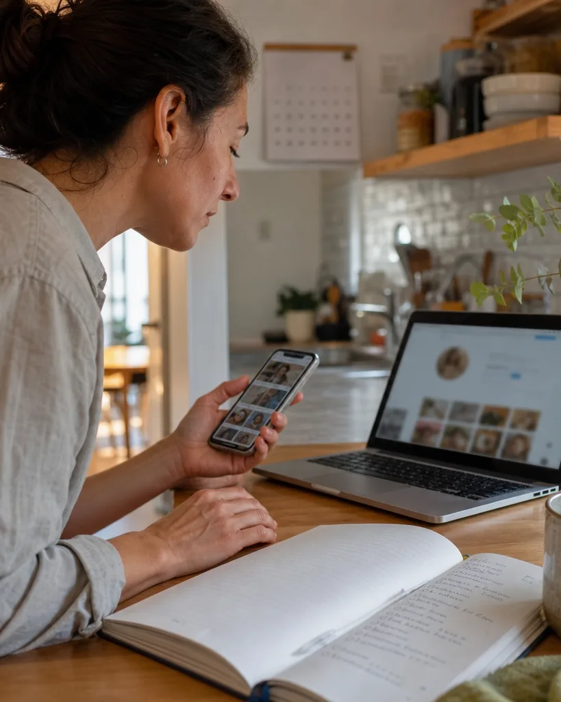 Food blogger at a kitchen counter comparing her phone and laptop while planning a profile move